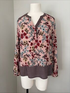 Cream Pink Floral Long-Sleeve V-Neck Blouse with Contrasting Trim Sz36